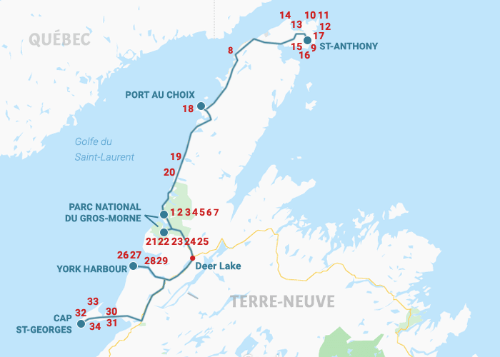 Carte des attraits Terre-Neuve côte Ouest