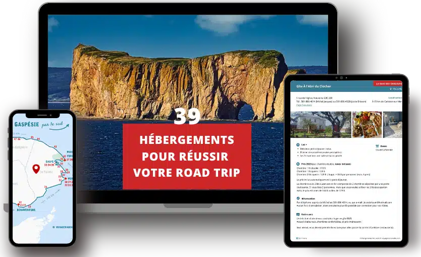 Aperçu du mini-guide 2025 des hébergements en Gaspésie sur plusieurs écrans