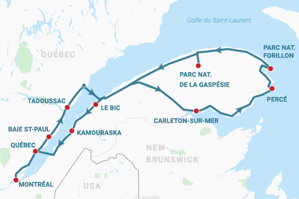 Carte itinéraire tour de la Gaspésie par le sud Carte itinéraire tour de la Gaspésie par le sud