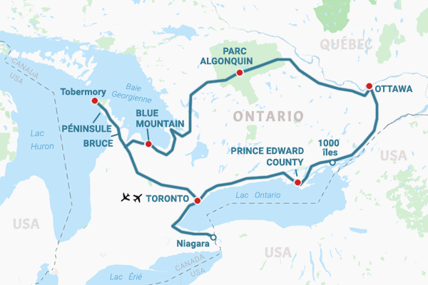 Carte road trip l'Ontario des grands lacs