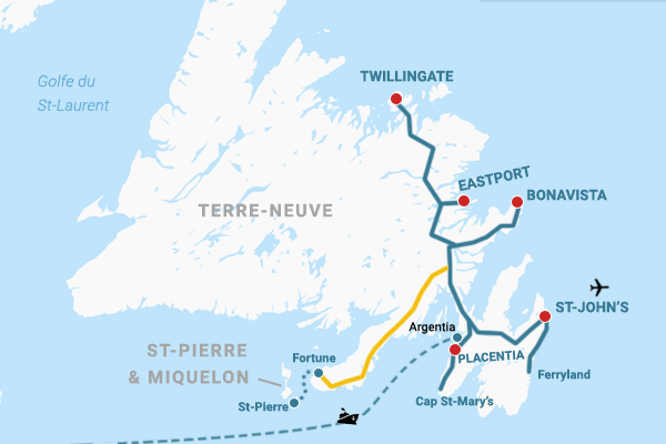 Carte Terre-Neuve côte est carte itinéraire côte est de Terre-Neuve