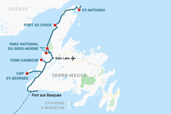 Carte Terre-Neuve côte Ouest carte itinéraire côte ouest de Terre-Neuve