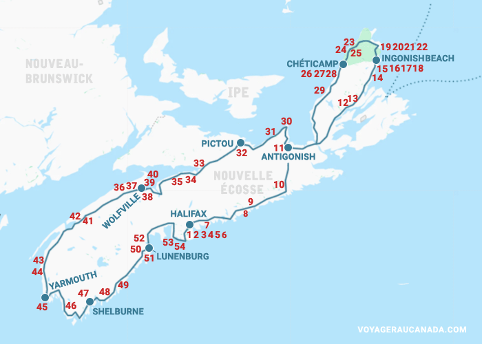 Carte des attraits en Nouvelle-Écosse 